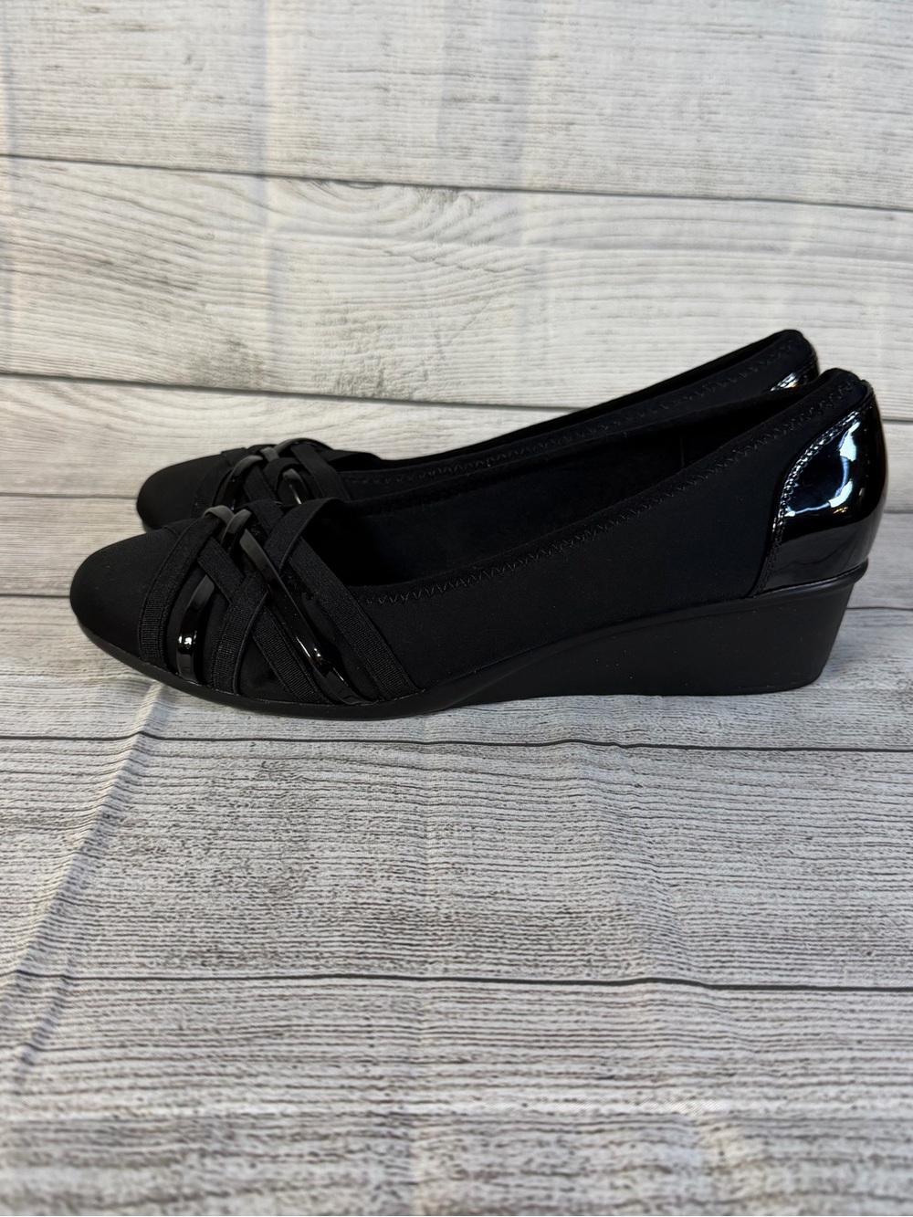 Cliffs by White Mountain Bowie Womens 7W Black Wedge Shoes Woven Strap Comfort